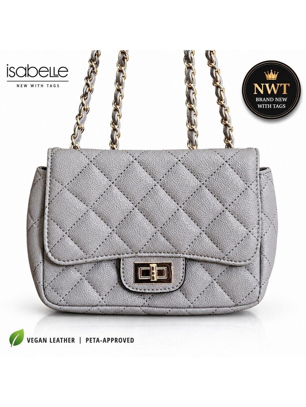 Isabelle Gray Quilted Crossbody Bag Gold Chain Strap Vegan Leather Mini Flap NWT